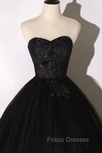Black Tulle Lace Long Formal Prom Dress, Black Scoop Neckline Evening Party Dress