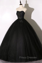Black Tulle Lace Long Formal Prom Dress, Black Scoop Neckline Evening Party Dress