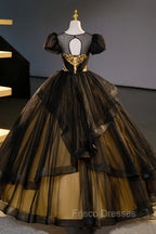 Black Tulle Lace Long Formal Prom Dress, Black Short Sleeve Evening Dress