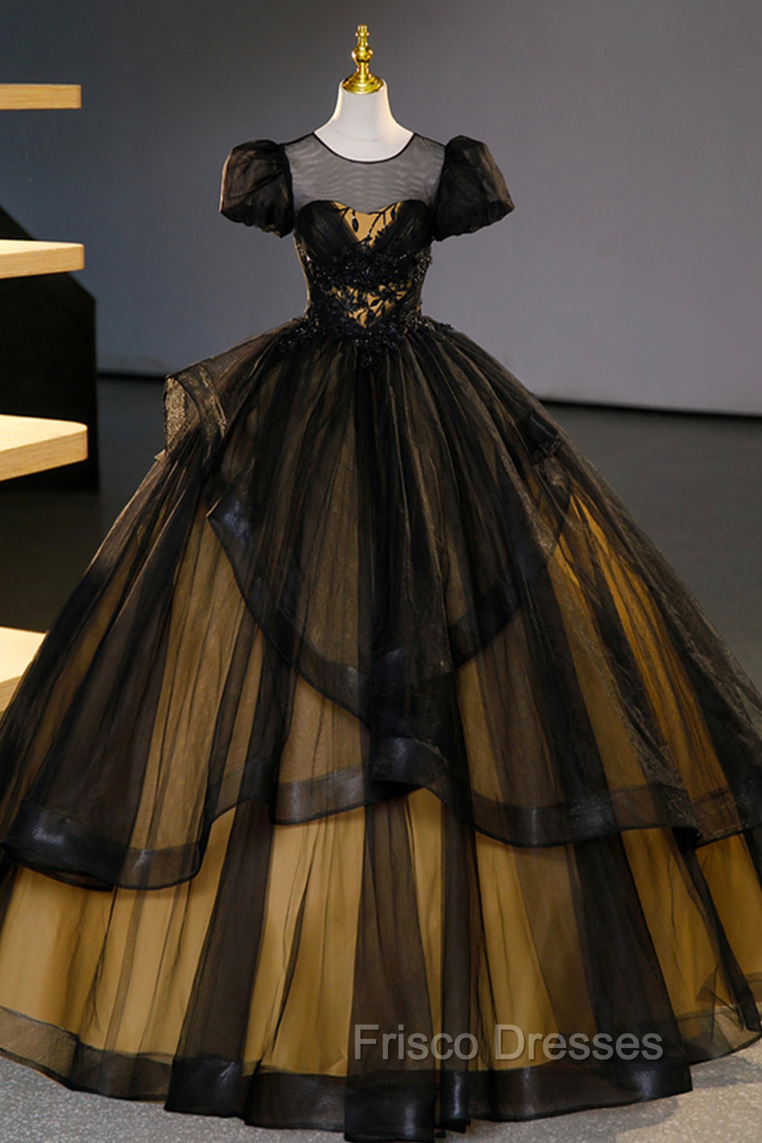 Black Tulle Lace Long Formal Prom Dress, Black Short Sleeve Evening Dress