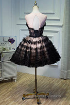 Black Tulle Lace Short Formal Prom Dress, A-Line Black Homecoming Dress