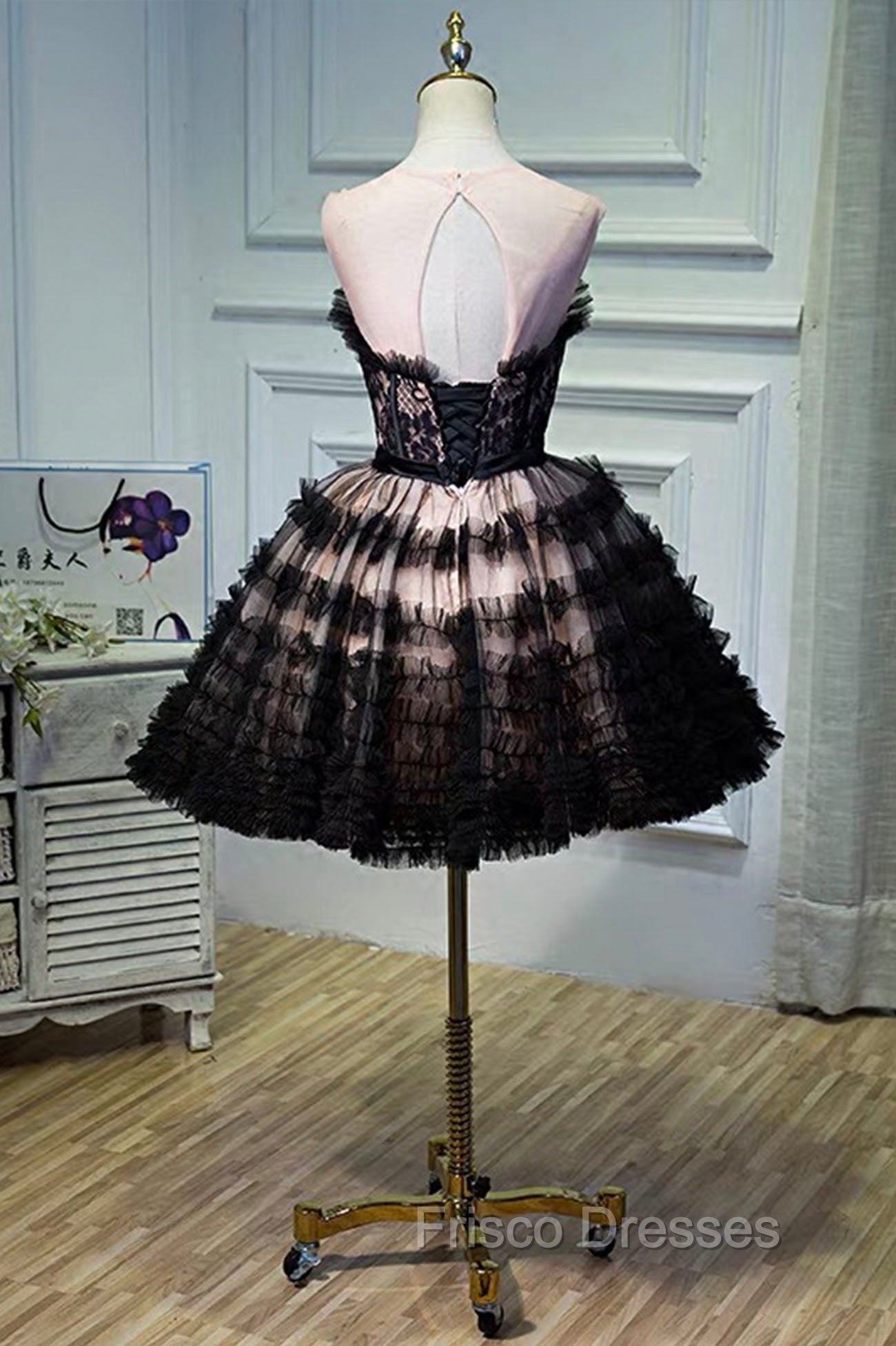 Black Tulle Lace Short Formal Prom Dress, A-Line Black Homecoming Dress