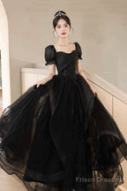 Black Tulle Lace Short Sleeve Floor Length Prom Dress, Black A-Line Evening Party Dress