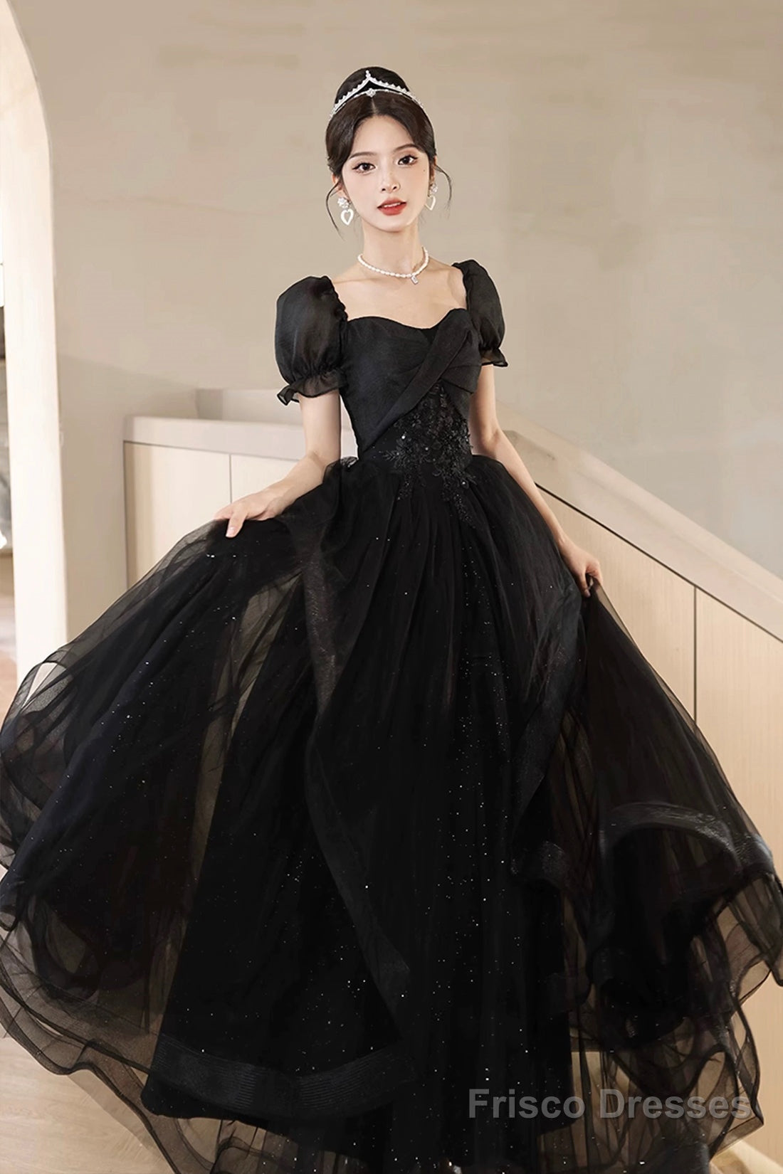 Black Tulle Lace Short Sleeve Floor Length Prom Dress, Black A-Line Evening Party Dress