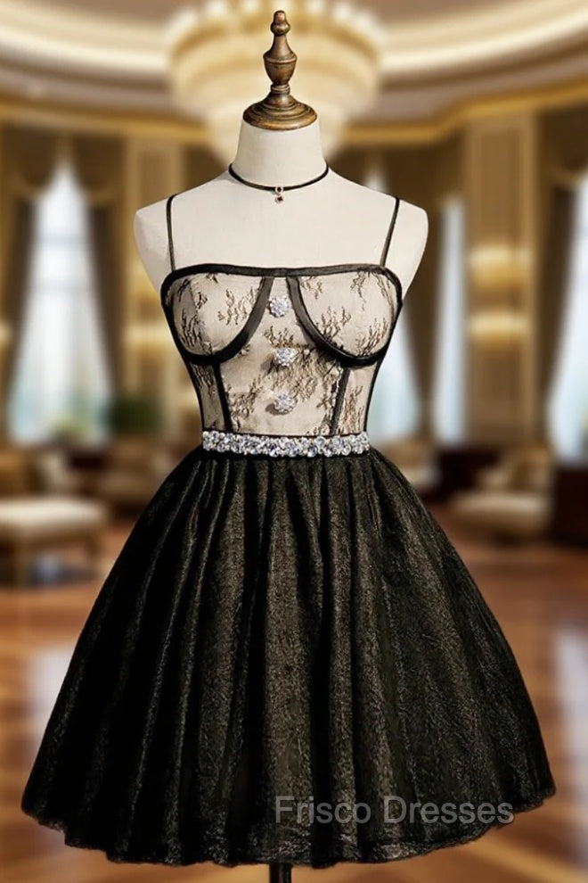 Black Tulle Lace Spaghetti Straps Crystal Homecoming Dress Main image