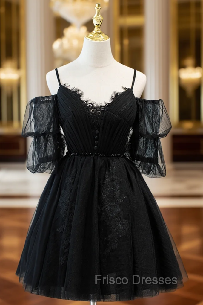 Black Tulle Lace Spaghetti Straps Pleats Homecoming Dress