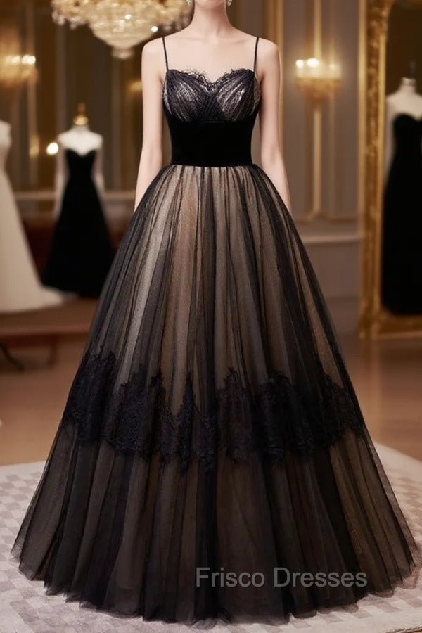 Black Tulle Lace Spaghetti Straps Formal Prom Dress Main image