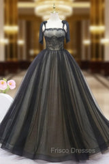 Black Tulle Lace Straps Formal Prom Dress