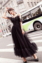 Black Tulle Lace Tea Length Prom Dress, Lace Tulle Evening Dress