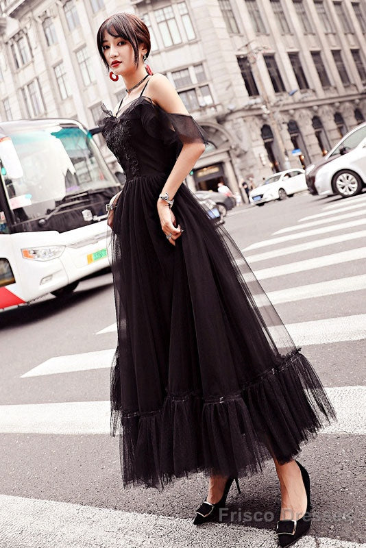 Black Tulle Lace Tea Length Prom Dress, Lace Tulle Evening Dress Main image