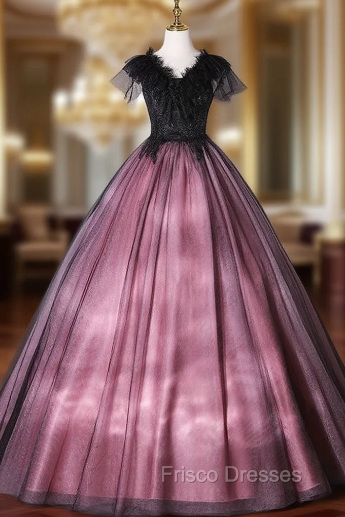 Black Tulle Lace V-neck Beading Quinceanera Dress