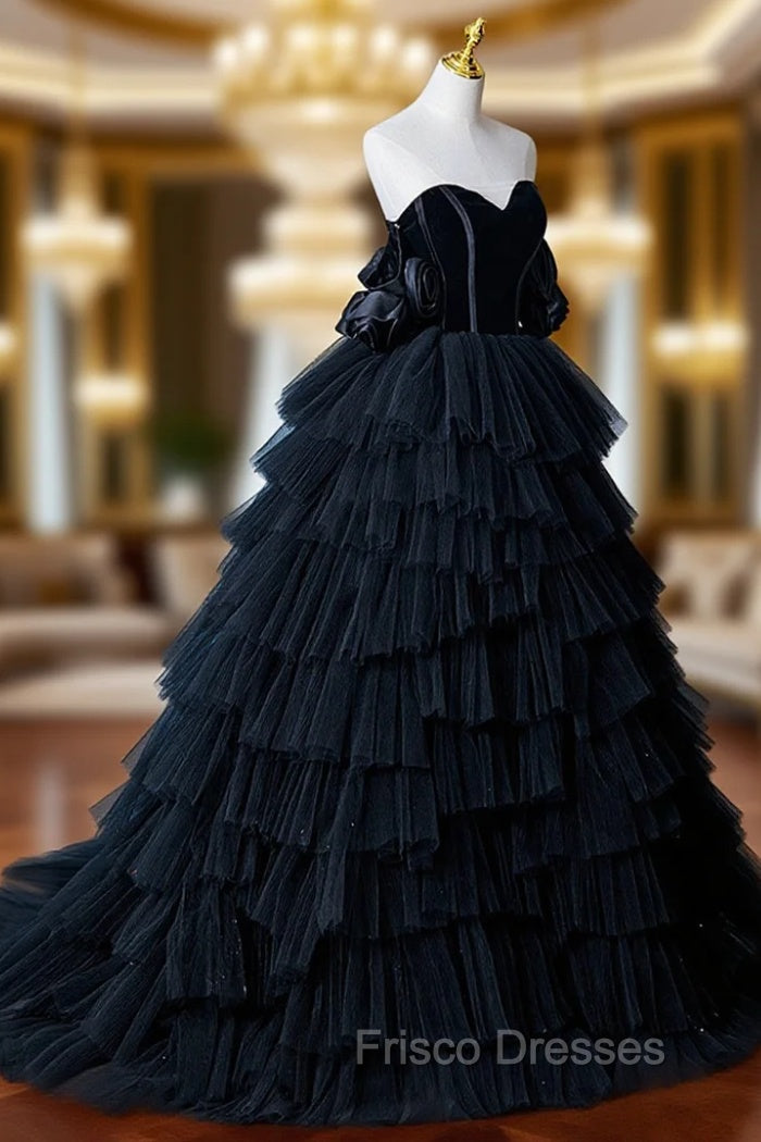 Black Tulle Layers Long Formal Dress, Black A-Line Strapless Evening Dress