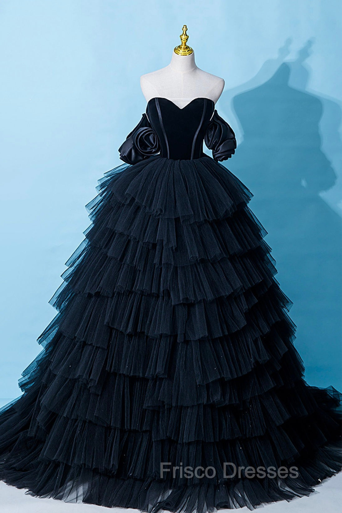 Black Tulle Layers Long Formal Dress, Black A-Line Strapless Evening Dress Secondary image