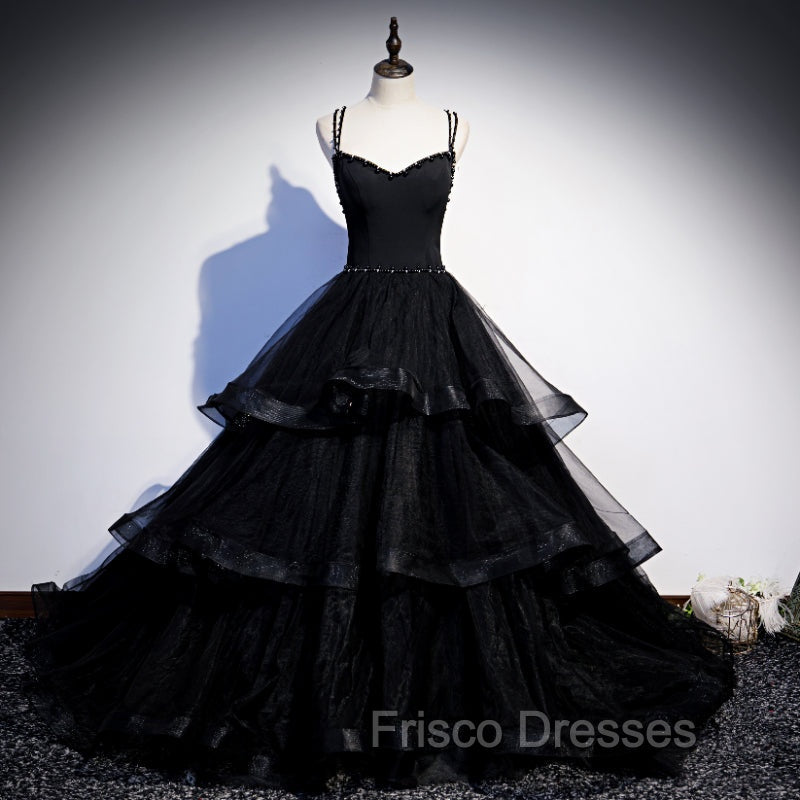 Black Tulle Layers Straps Beaded Long Evening Dress, Black Formal Dress Formal Prom Dress