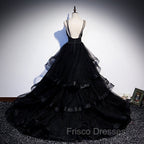 Black Tulle Layers Straps Beaded Long Evening Dress, Black Formal Dress Formal Prom Dress
