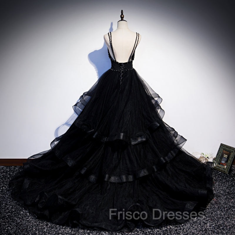 Black Tulle Layers Straps Beaded Long Evening Dress, Black Formal Dress Formal Prom Dress