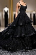 Black Tulle Layers Straps Beaded Long Evening Dress, Black Formal Dress Formal Prom Dress