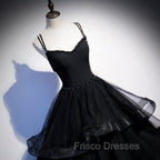 Black Tulle Layers Straps Beaded Long Evening Dress, Black Formal Dress Formal Prom Dress