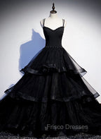 Black Tulle Layers Straps Beaded Long Evening Dress, Black Formal Dress Formal Prom Dress