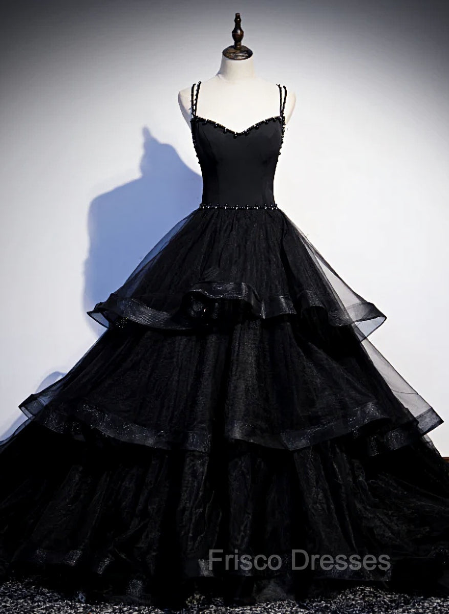 Black Tulle Layers Straps Beaded Long Evening Dress, Black Formal Dress Formal Prom Dress