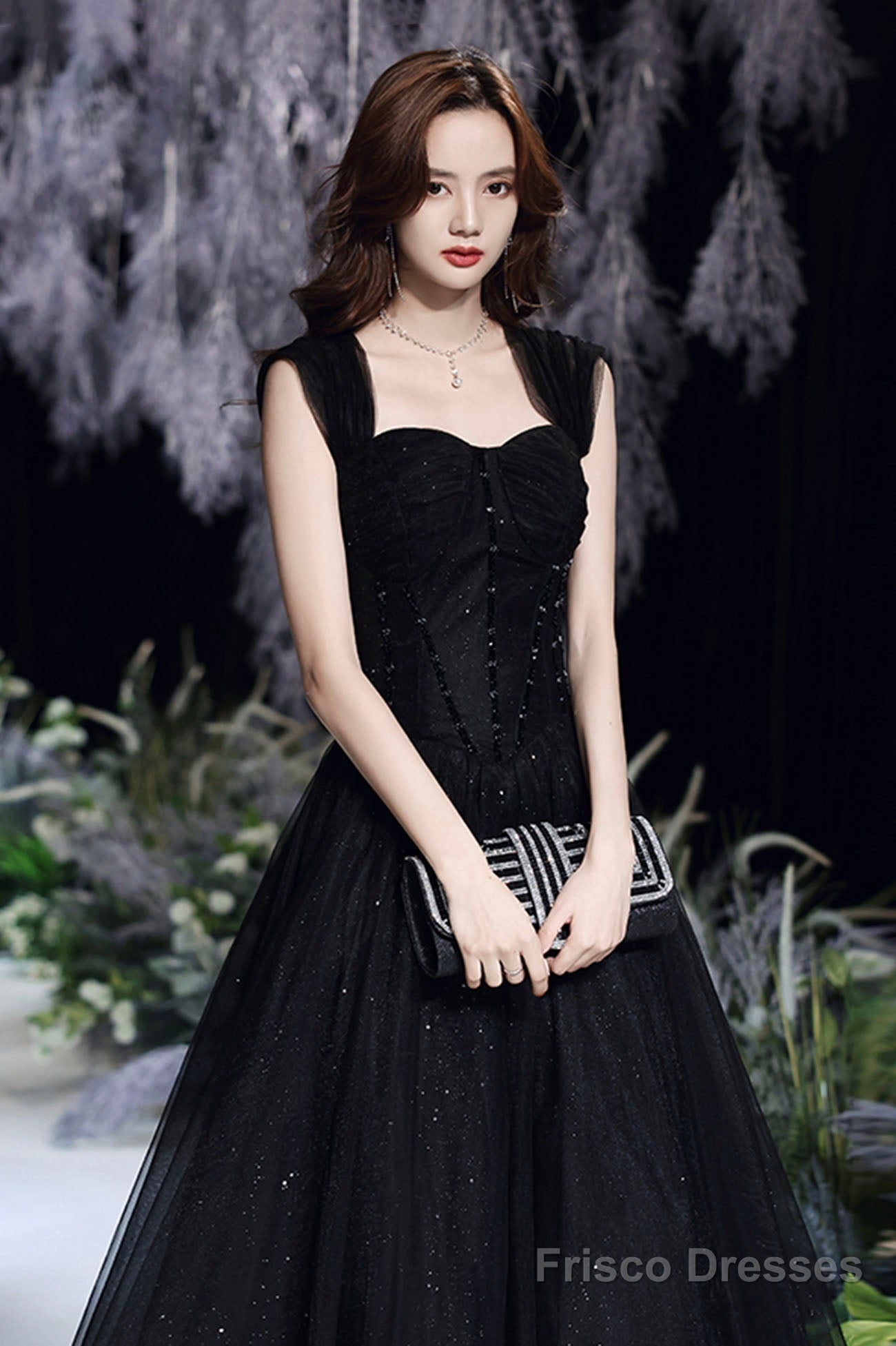 Black Tulle Long A-Line Evening Dress, Black Sweetheart Neck Prom Dress Secondary image
