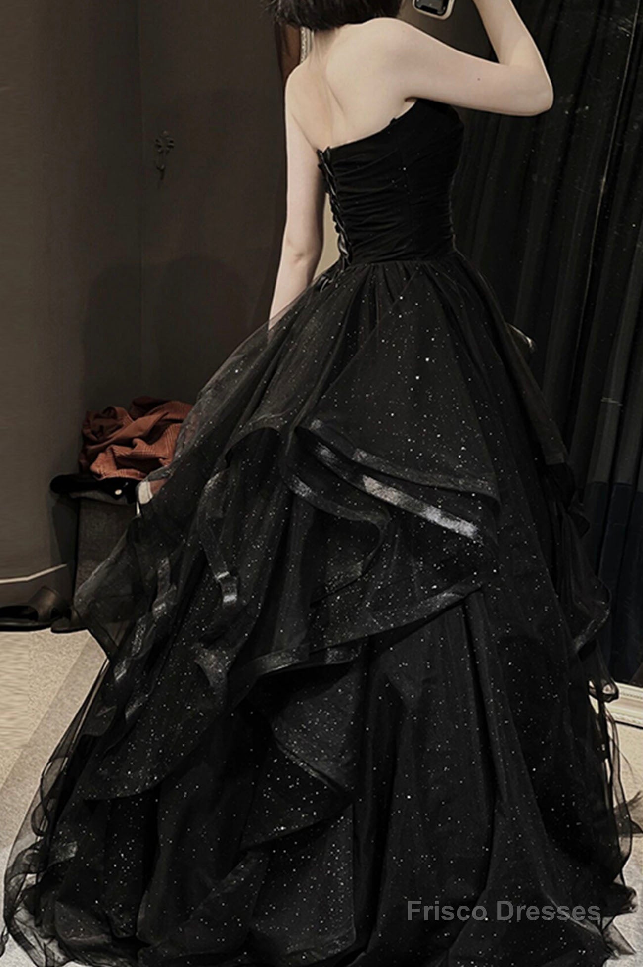 Black Tulle Long A-Line Prom Dress,Ball Dresses with Ruffles – Frisco