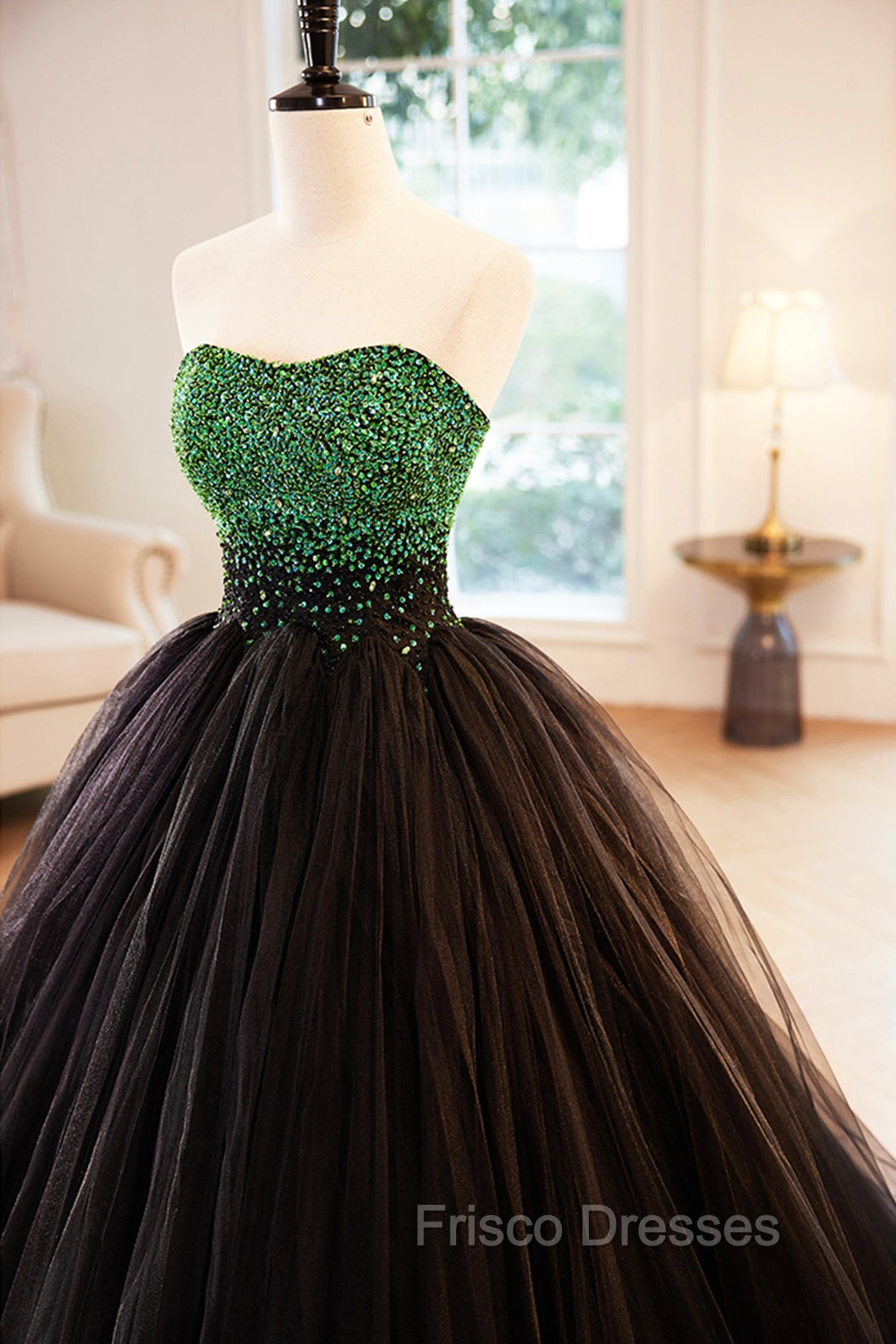 Black Tulle Long Formal Dress with Green Beaded, Black Strapless Formal Prom Dress Secondary image