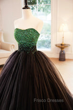 Black Tulle Long Formal Dress with Green Beaded, Black Strapless Formal Prom Dress