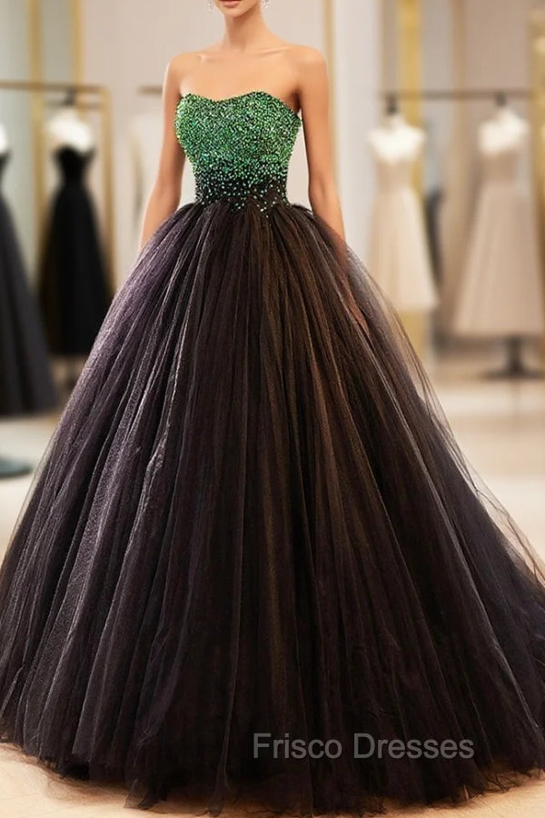 Black Tulle Long Formal Dress with Green Beaded, Black Strapless Formal Prom Dress