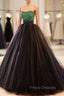 Black Tulle Long Formal Dress with Green Beaded, Black Strapless Formal Prom Dress