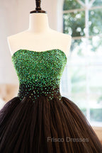 Black Tulle Long Formal Dress with Green Beaded, Black Strapless Formal Prom Dress