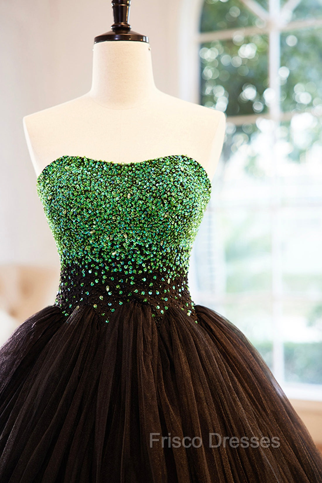 Black Tulle Long Formal Dress with Green Beaded, Black Strapless Formal Prom Dress