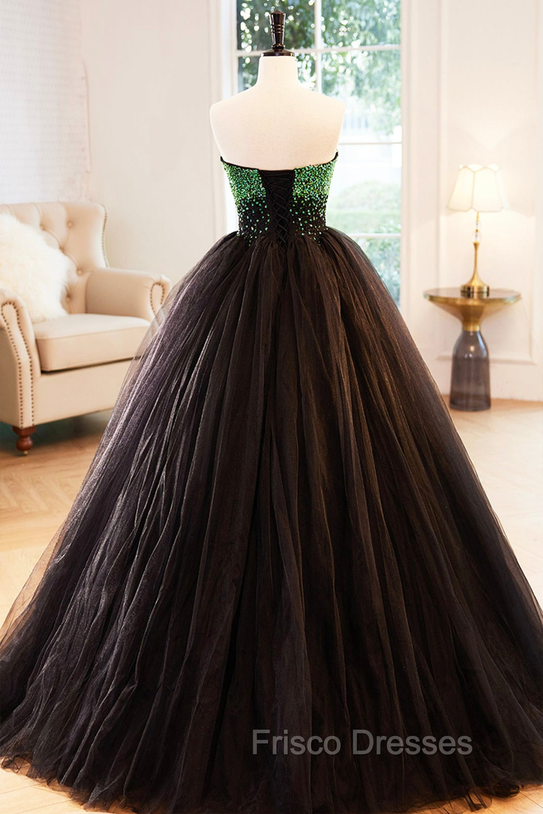 Black Tulle Long Formal Dress with Green Beaded, Black Strapless Formal Prom Dress