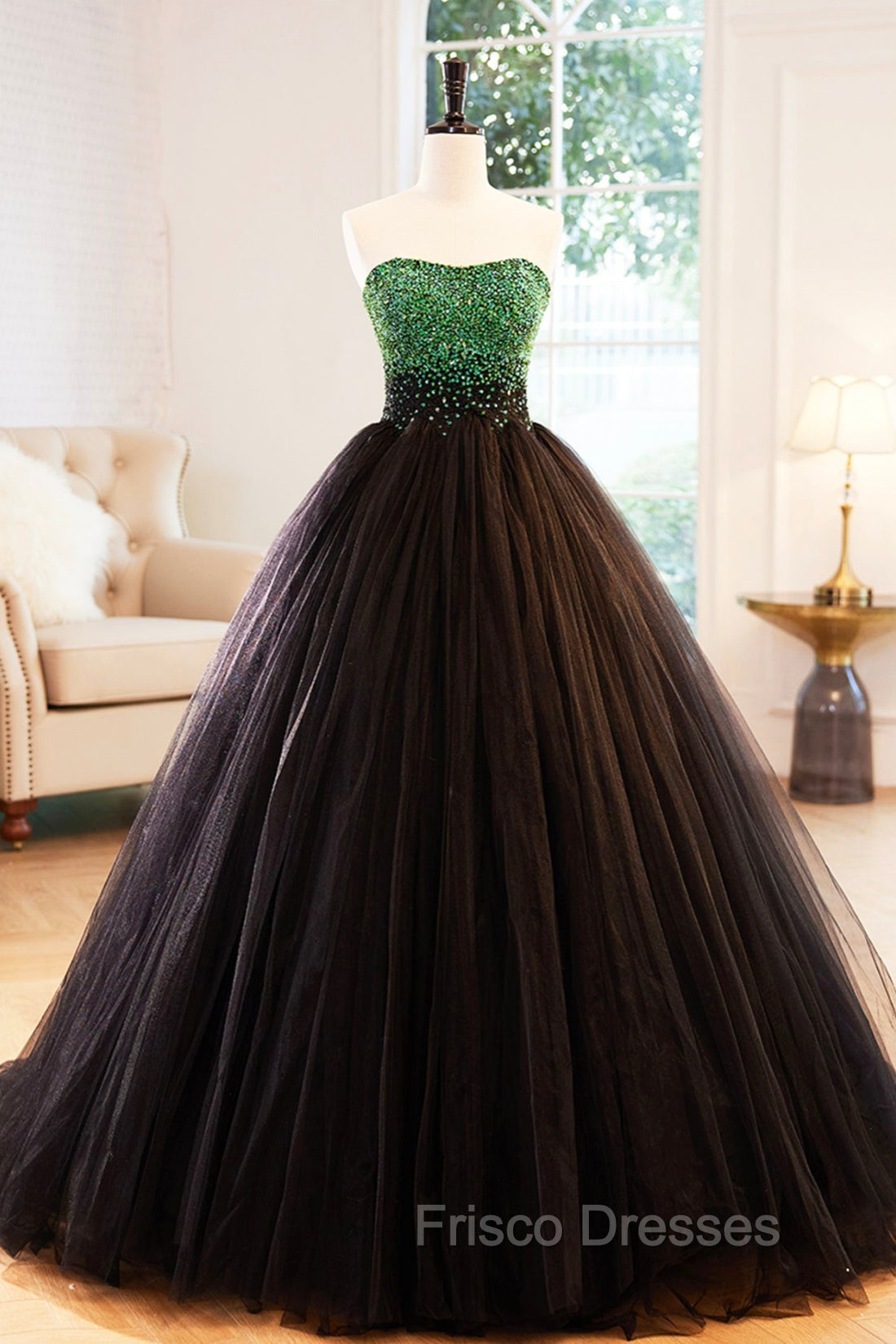 Black Tulle Long Formal Dress with Green Beaded, Black Strapless Formal Prom Dress Main image
