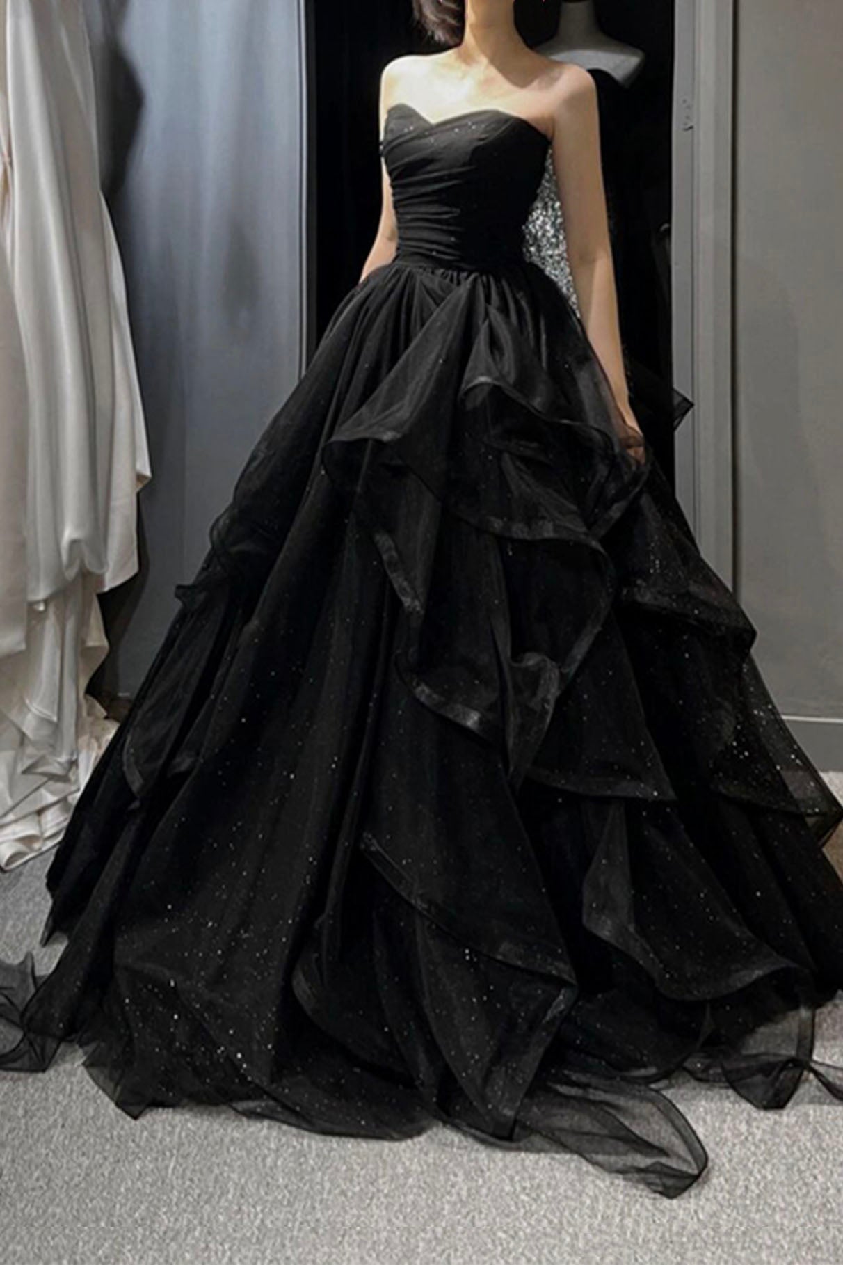 Black Tulle Layers Long A-Line Prom Dress, Black Strapless Evening Dress Main image