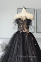 Black Tulle Long Formal Prom Dress, Black A-Line Strapless Evening Dress