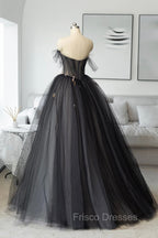 Black Tulle Long Formal Prom Dress, Black A-Line Strapless Evening Dress