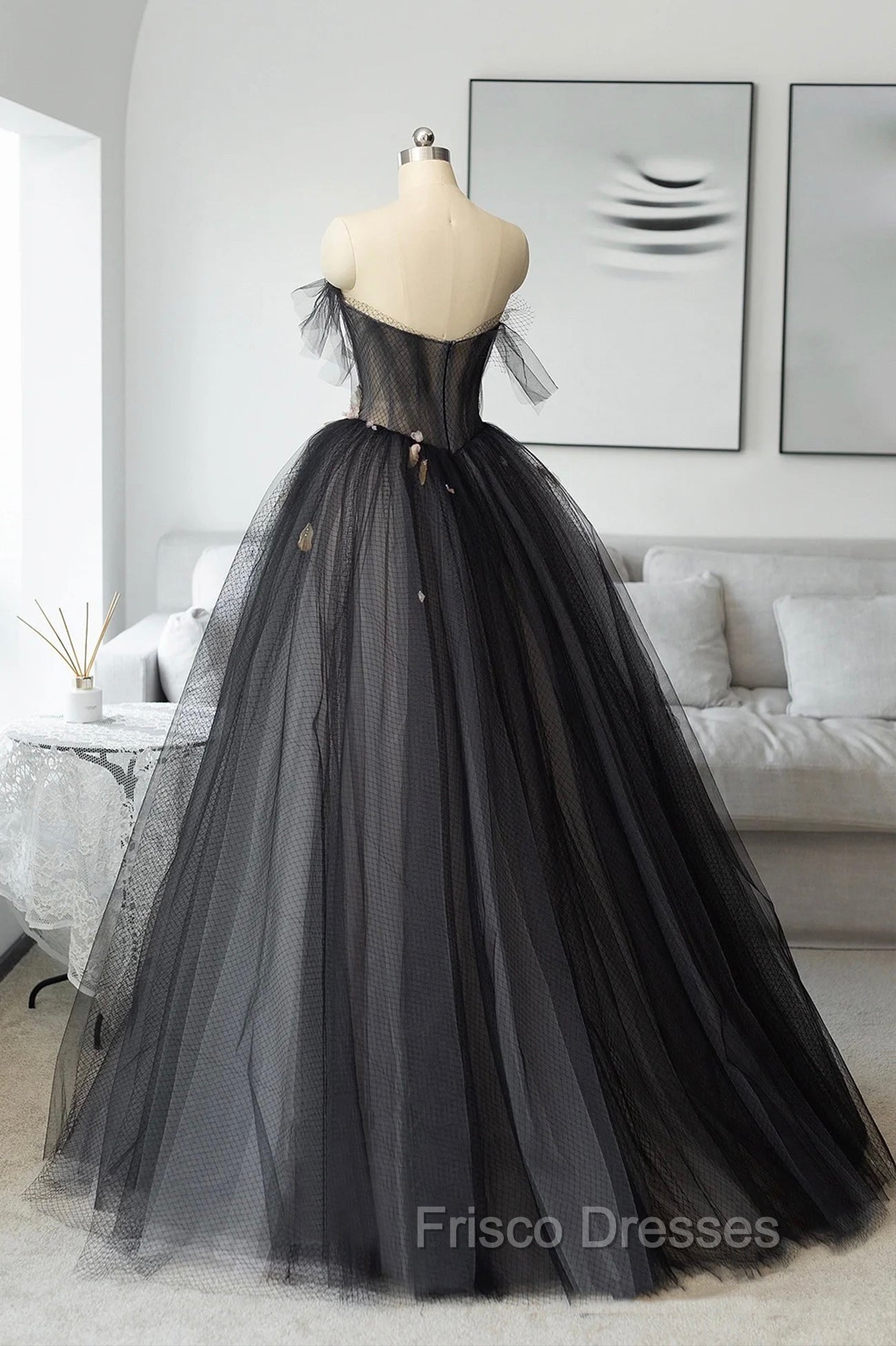 Black Tulle Long Formal Prom Dress, Black A-Line Strapless Evening Dress