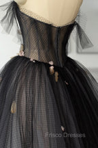 Black Tulle Long Formal Prom Dress, Black A-Line Strapless Evening Dress