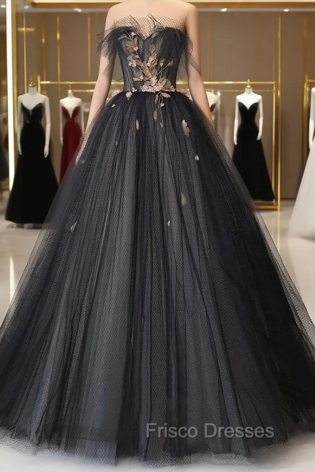 Black Tulle Long Formal Prom Dress, Black A-Line Strapless Evening Dress