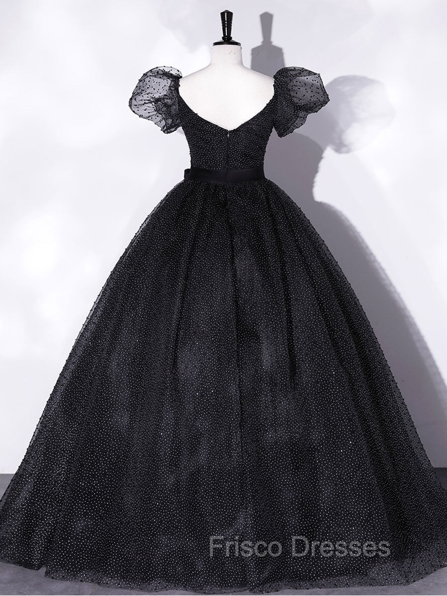 Black Tulle Long Formal Prom Dress, Black Puff Sleeves Long Sweet 16 Dress Secondary image