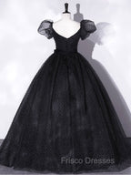 Black Tulle Long Formal Prom Dress, Black Puff Sleeves Long Sweet 16 Dress