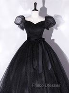 Black Tulle Long Formal Prom Dress, Black Puff Sleeves Long Sweet 16 Dress