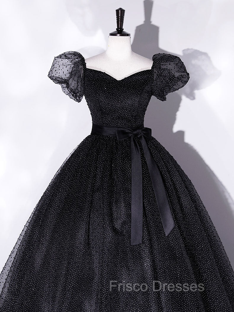 Black Tulle Long Formal Prom Dress, Black Puff Sleeves Long Sweet 16 Dress