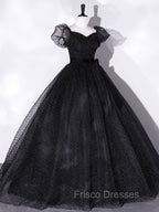 Black Tulle Long Formal Prom Dress, Black Puff Sleeves Long Sweet 16 Dress