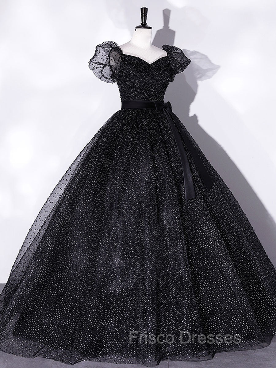 Black Tulle Long Formal Prom Dress, Black Puff Sleeves Long Sweet 16 Dress