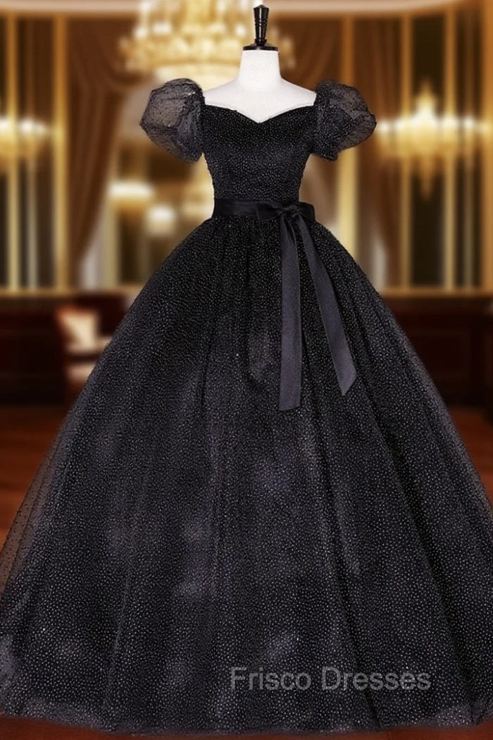 Black Tulle Long Formal Prom Dress, Black Puff Sleeves Long Sweet 16 Dress Main image