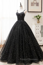 Black Tulle Long Formal Prom Dress, Black Spaghetti Straps Formal Evening Gown