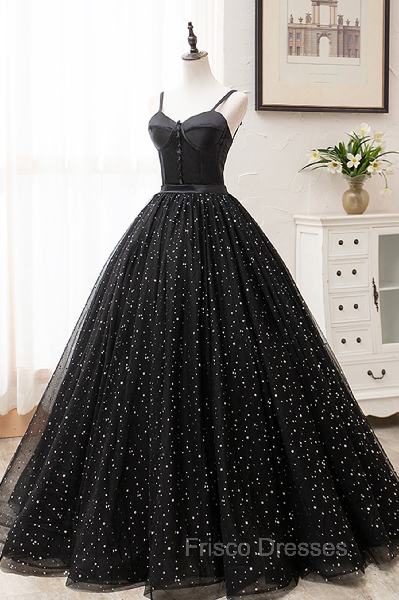 Black Tulle Long Formal Prom Dress, Black Spaghetti Straps Formal Evening Gown