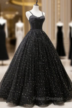 Black Tulle Long Formal Prom Dress, Black Spaghetti Straps Formal Evening Gown